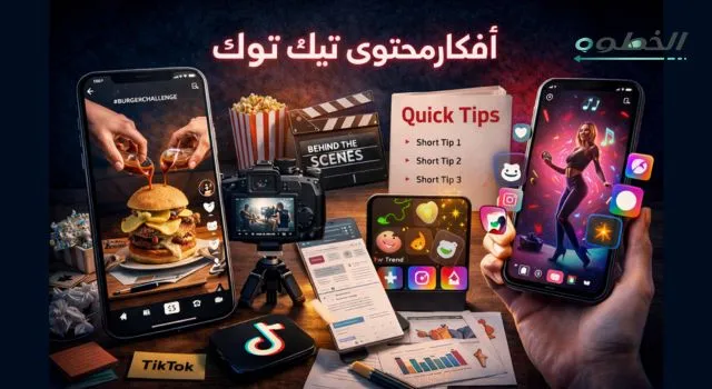 تصميم يوضح أفكار صناعة المحتوى على تيك توك مثل الترندات والتحد
يات والمحتوى السريع وخلف الكواليس والنصائح القصيرة باستخدام الأصوات والفلاتر الرائجة.